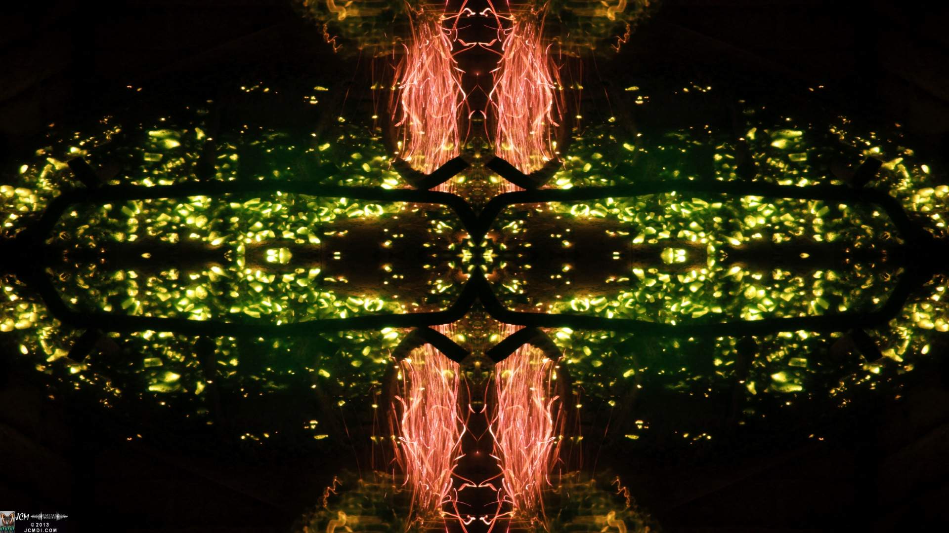 Quadroscopic art made from a still image � Fireplace coals and firefall